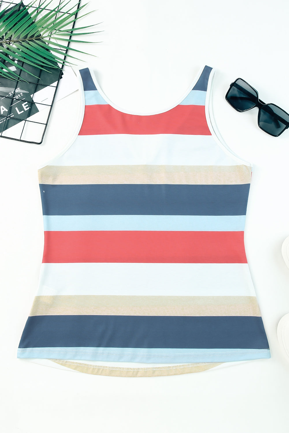 Tank Top . Multicolor Striped Color Block Notched Neck