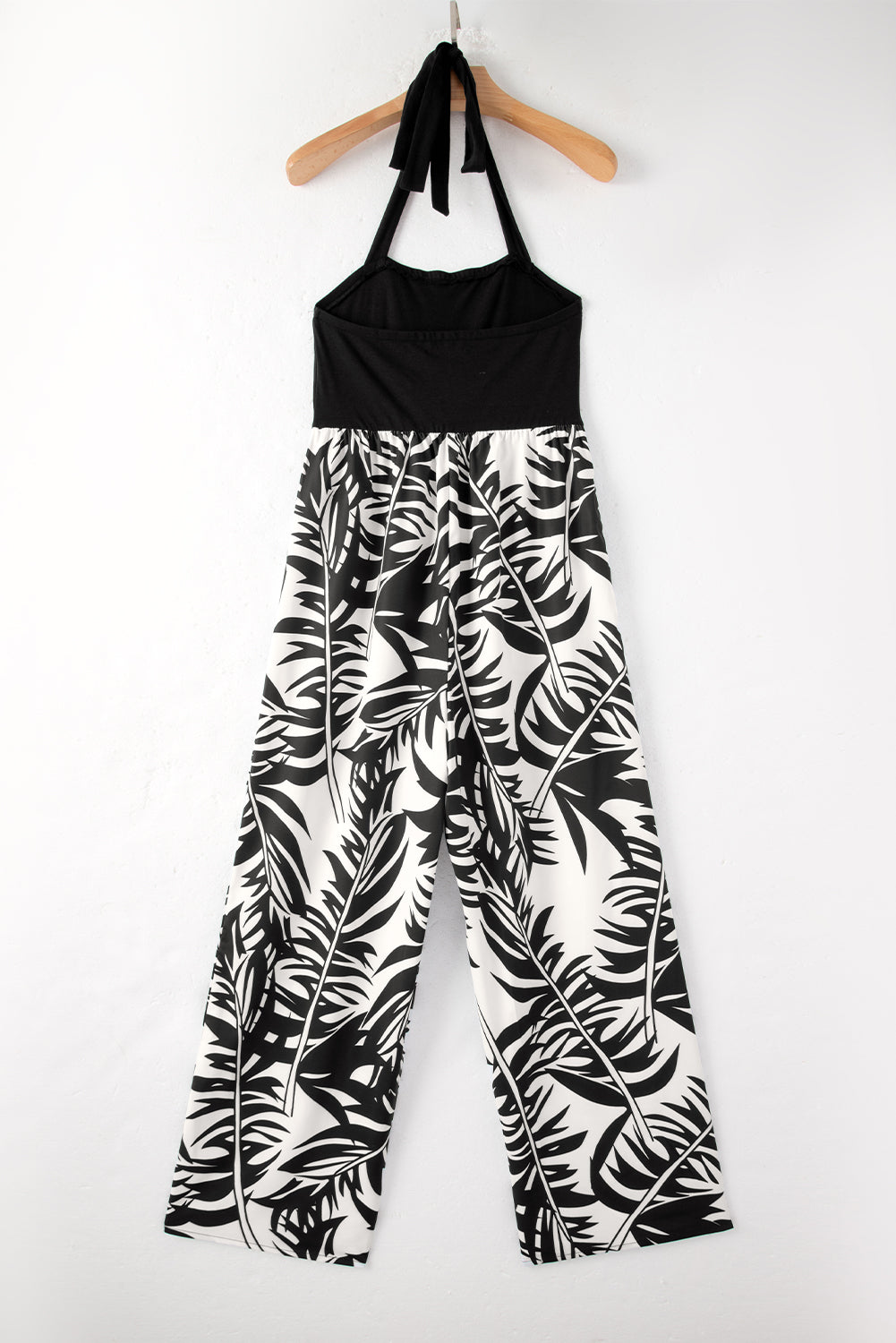 Jumpsuit  .  Black Halter Tropical Plant Print Wide Leg Jumpsuit