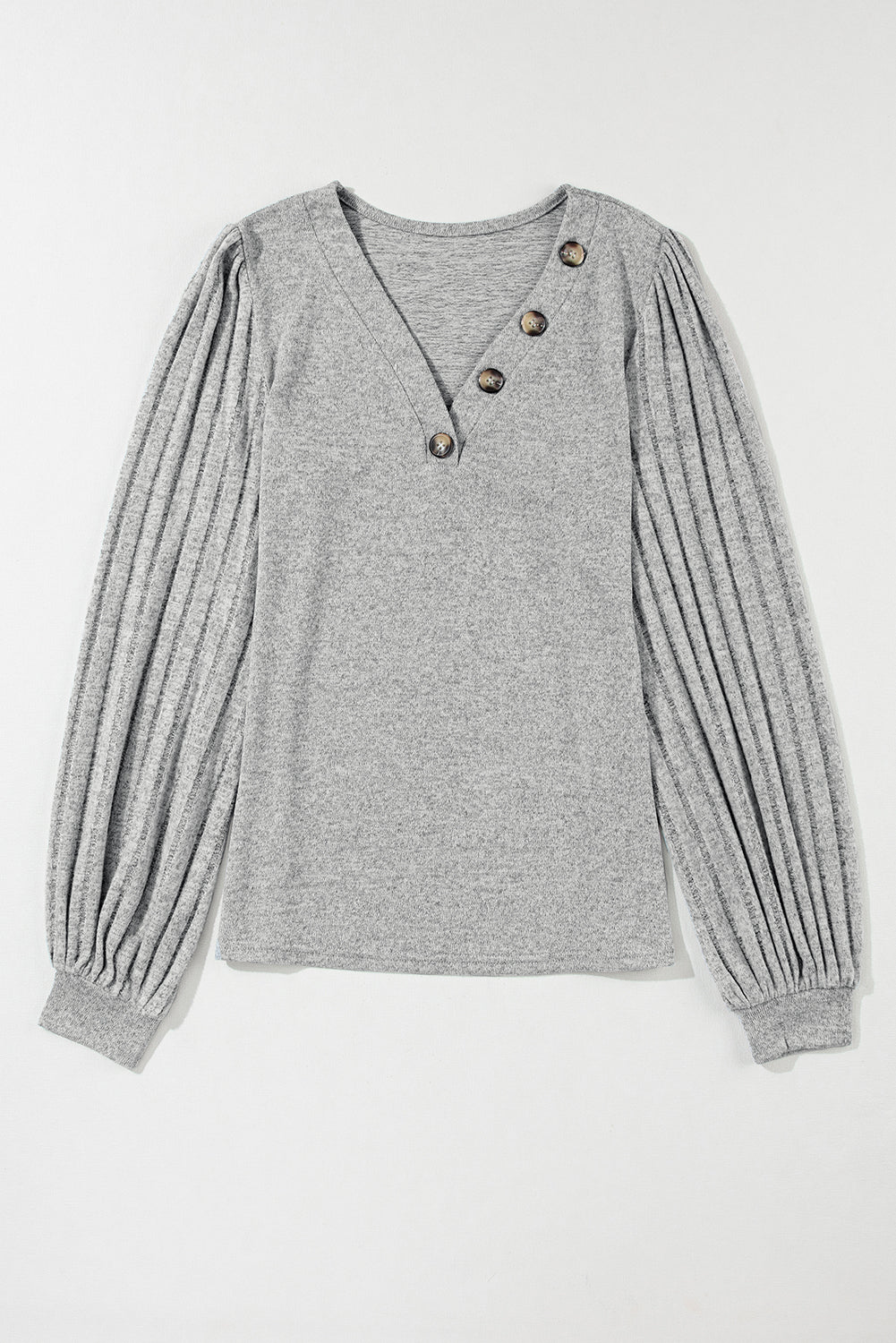 Top  .  Light Grey Buttoned V Neck Ribbed Puff Sleeve Top
