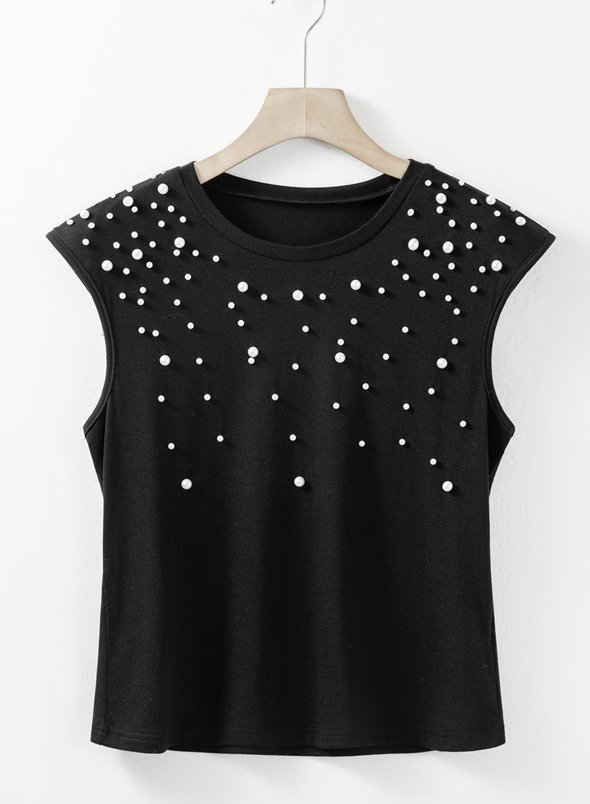 Tank Top .  Black Pearls Beaded Shoulder Pad Crew Neck Tank Top