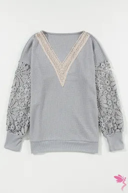 Top  .  Gray Lace Splicing V Neck Puff Sleeve Top.