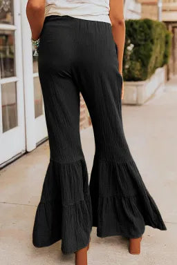 Pants  .  Black Textured High Waist Ruffled Bell Bottom Pants.