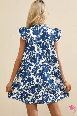 Mini Dress  .  Sail Blue Floral Ruffled Cap Sleeve Tied Neck Mini Dress