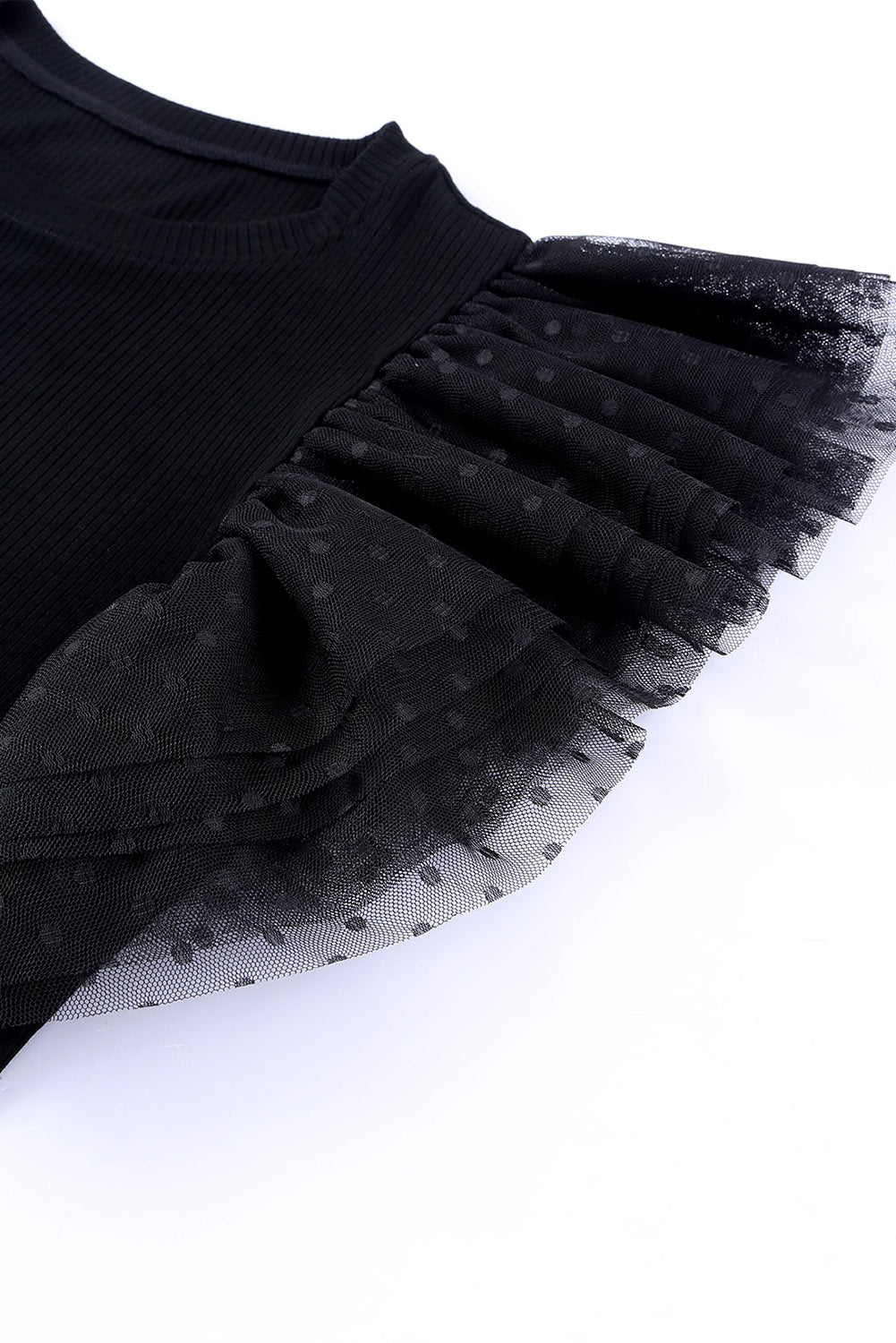 Top  .  Black Dotty Mesh Ruffle Sleeve Ribbed Knit Top