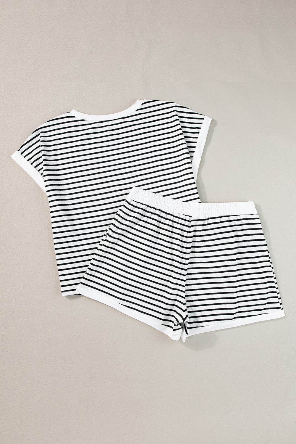 Set  Tee and Shorts Set  .  White Stripe Contrast Edge Tee and Shorts Set