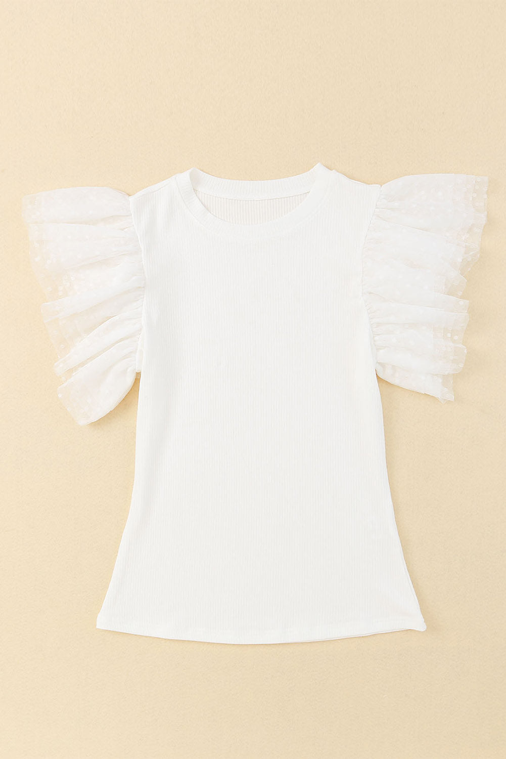 Top  .  White Dotty Mesh Ruffle Sleeve Ribbed Knit Top