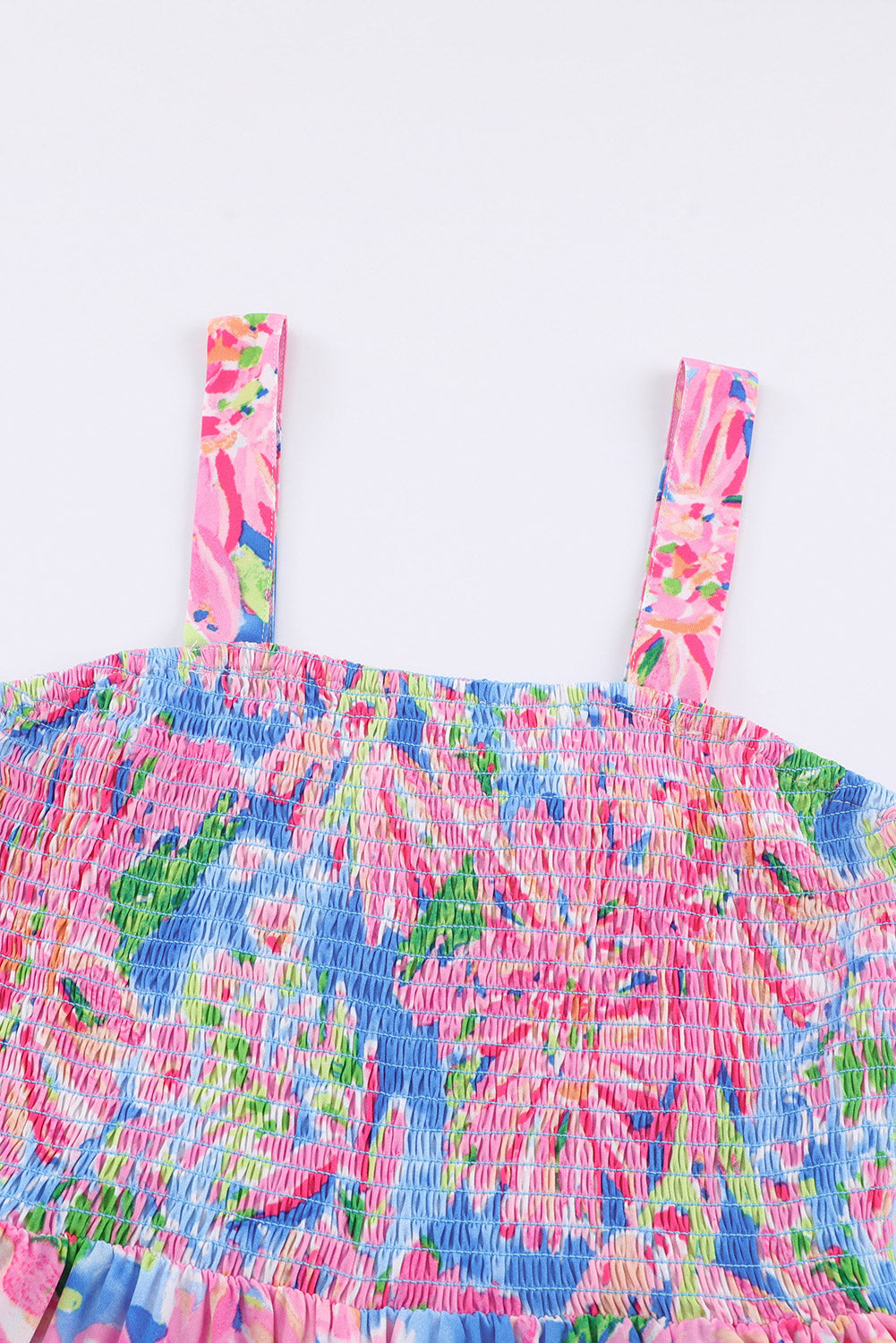 Leg Jumpsuit  .  Pink Abstract Floral Painting Smocked Wide