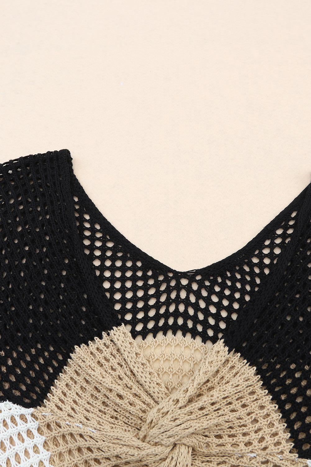 Top  ..  Black Color Block Eyelet Long Sleeve Twisted Back Knit Top