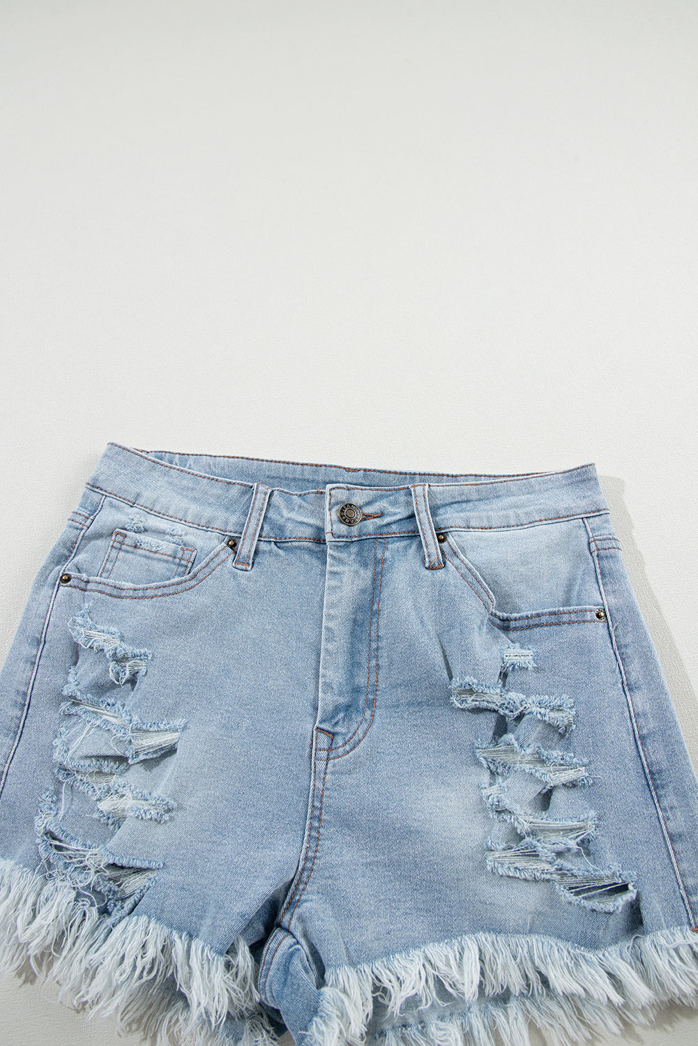 Shorts  .  Light Blue Distressed Ripped Raw Hem High Waist Denim Shorts