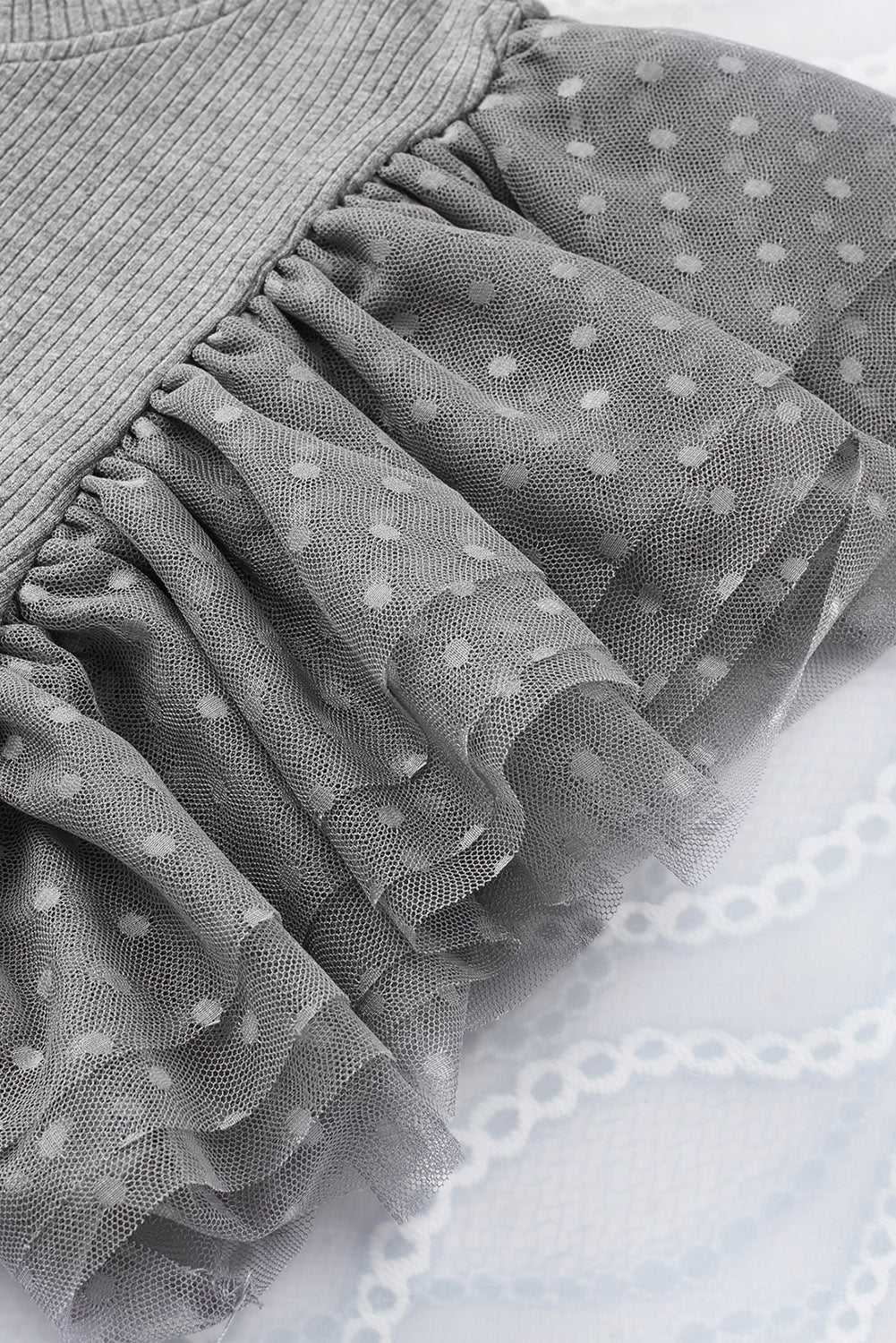 Knit Top  .  Gray Dotty Mesh Ruffle Sleeve Ribbed Knit Top