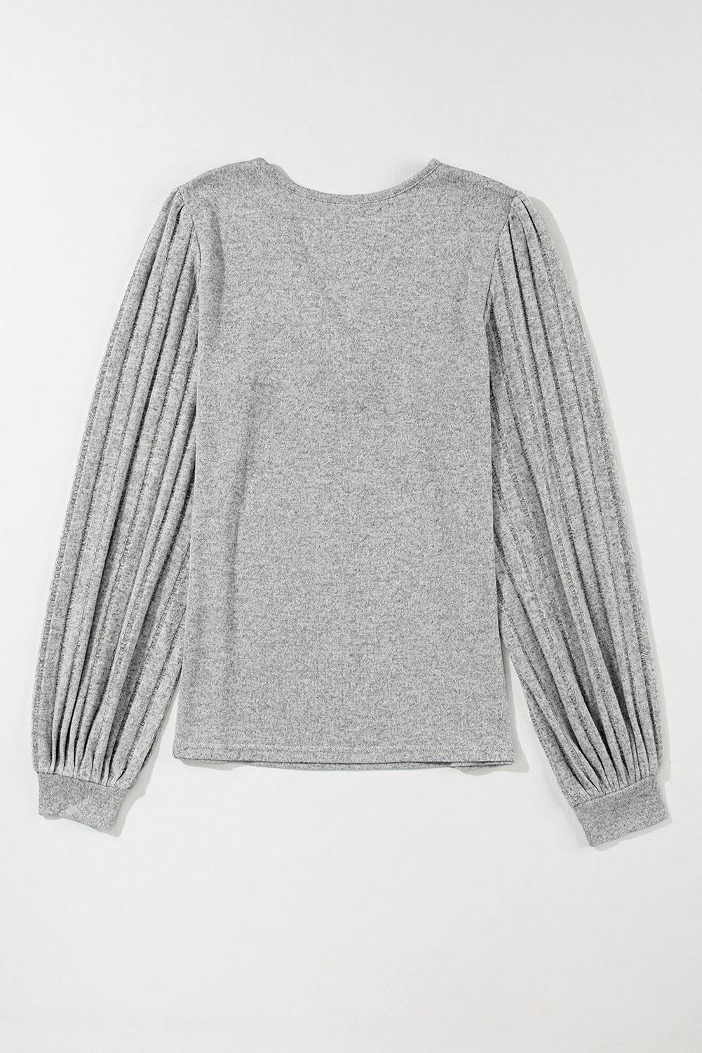Top  .  Light Grey Buttoned V Neck Ribbed Puff Sleeve Top