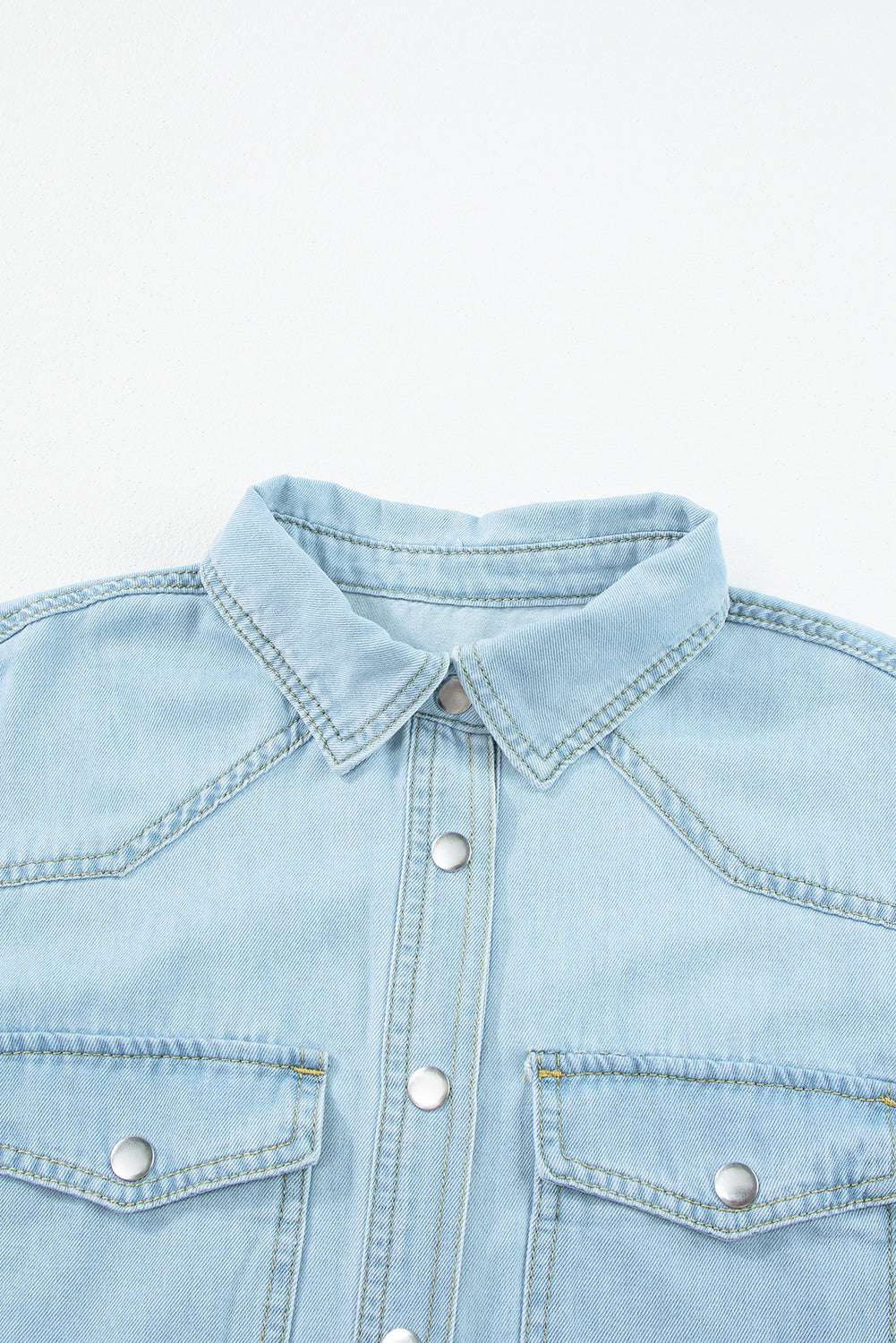 Rounded Hem Shirt  .  Mist Blue Vintage Light Wash Flap Pockets