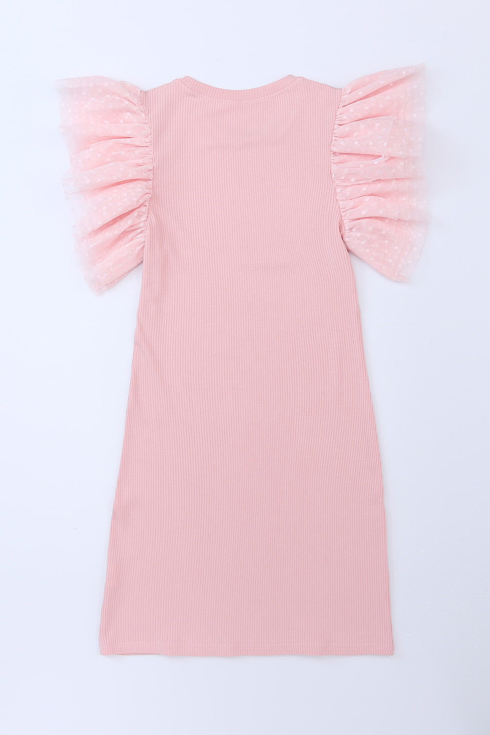 Dress  .  Pink Ruffle Tulle Sleeve Ribbed Knit Bodycon Dress