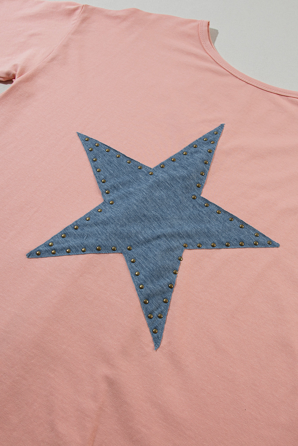 Tee  .  Apricot Pink Mineral Wash Studded Star Patch Graphic High Low Tee