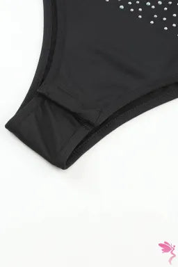 Bodysuit  .  Black Rhinestone Allover Round Neck Short Sleeve Bodysuit.