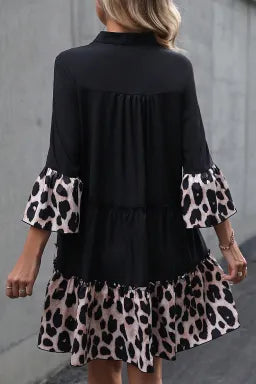 Curvy Dress  .  Black Leopard Patchwork Split Neck Ruffle Curvy Dress