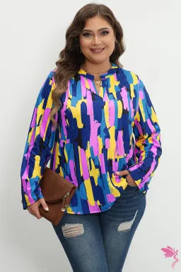 Blouse  .  Blue Plus Size Brushstroke Print 3/4 Sleeve Blouse.