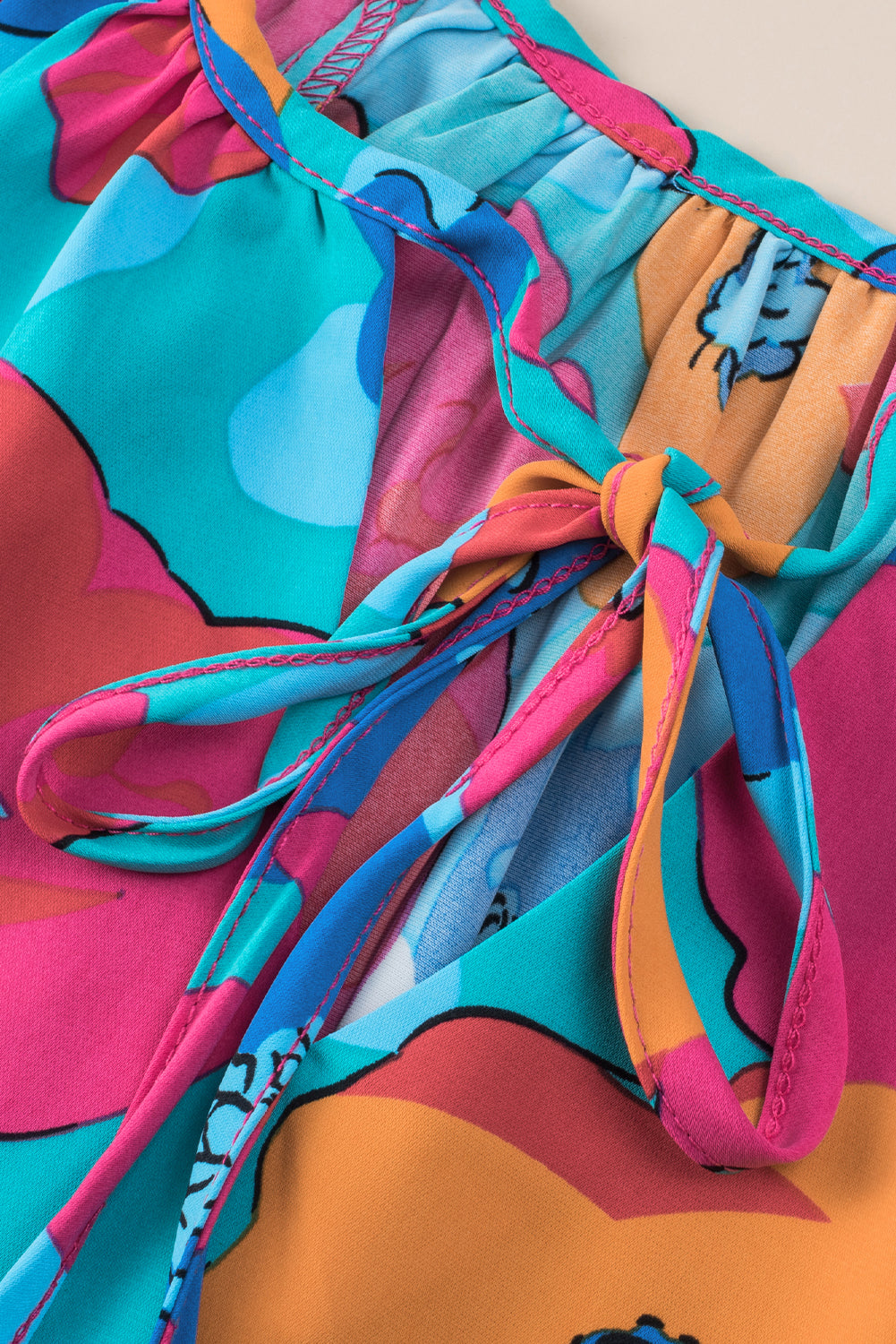 Blouse  .  Multicolor Floral Print Drawstring V Neck Short Sleeve Blouse