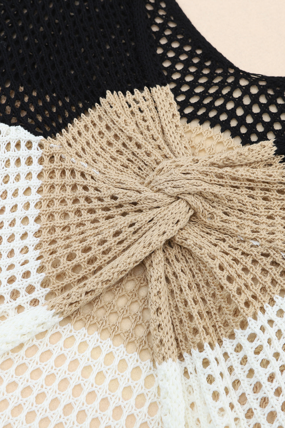 Top  ..  Black Color Block Eyelet Long Sleeve Twisted Back Knit Top