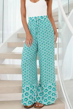 Pants  .  Green Boho Geometric Print Drawstring High Waist Flared Pants