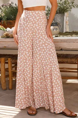 Pants  .  Khaki Boho Floral High Waist Flare Pants