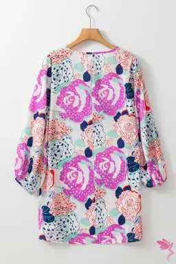 Dress  .  Multicolor Bracelet Bubble Sleeve Blooming Flower Print Dress