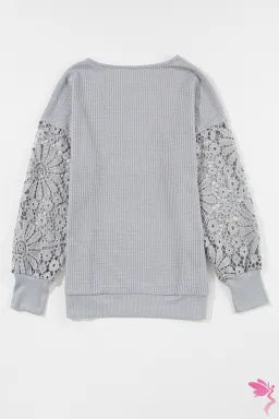 Top  .  Gray Lace Splicing V Neck Puff Sleeve Top.