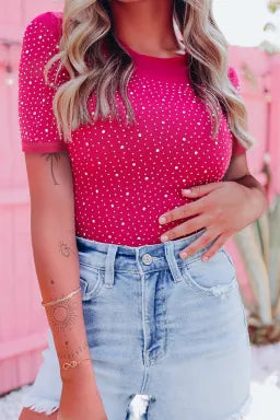 Bodysuit  .  Rose Rhinestone Allover Round Neck Short Sleeve Bodysuit.