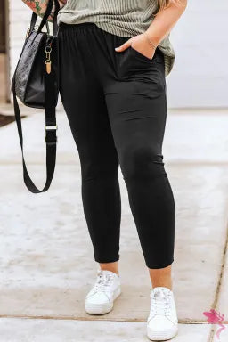 Pants  .  Black Plus Size Frill High Waist Pocketed Soft Pants