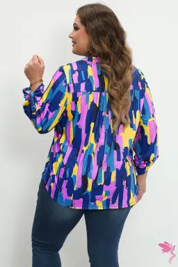 Blouse  .  Blue Plus Size Brushstroke Print 3/4 Sleeve Blouse.