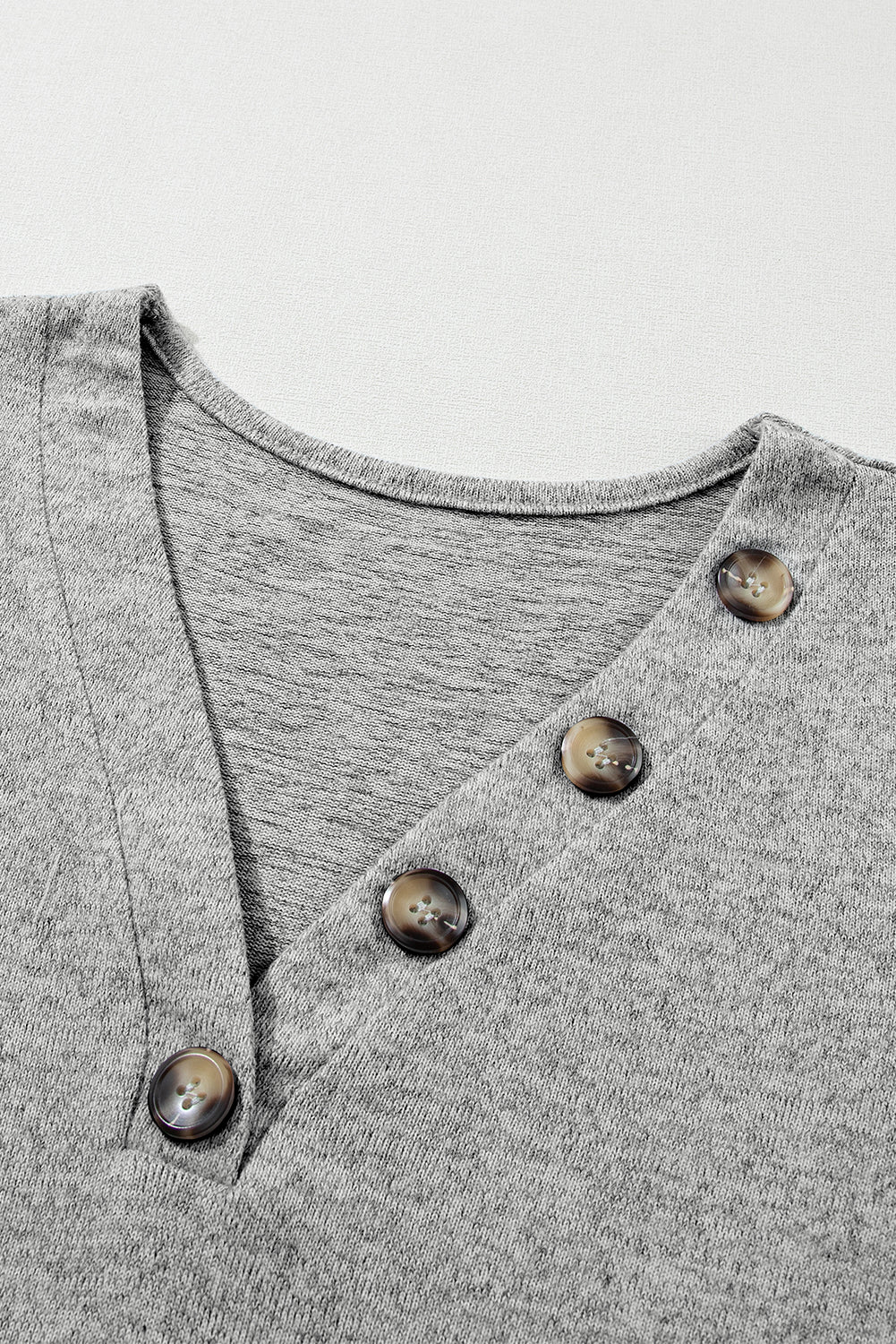 Top  .  Light Grey Buttoned V Neck Ribbed Puff Sleeve Top