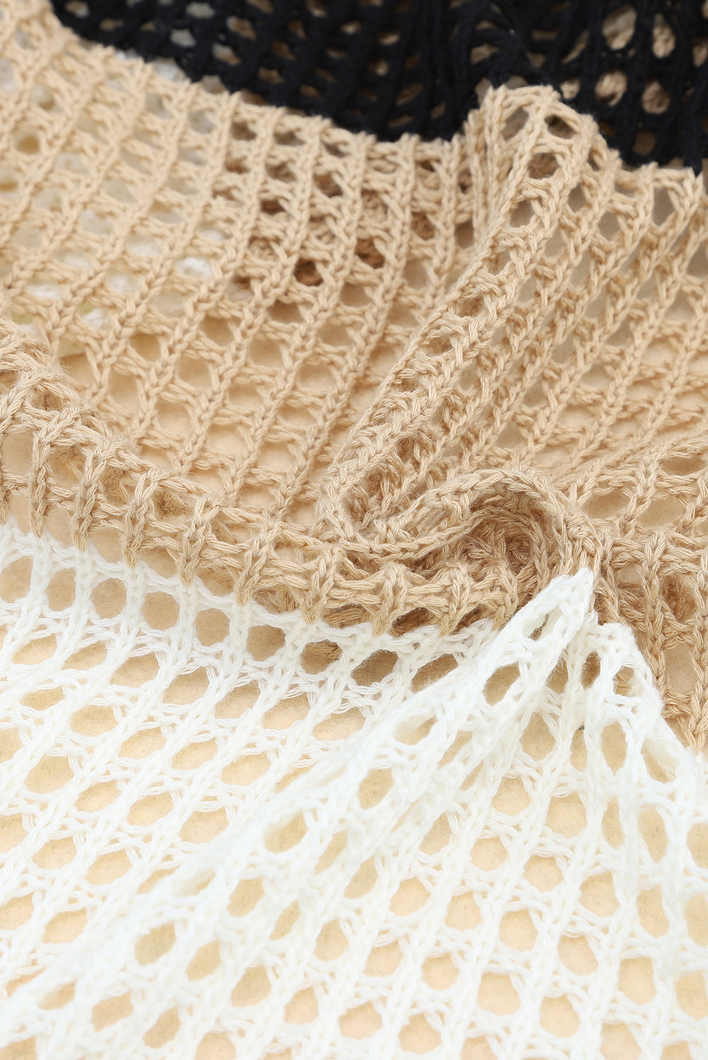 Top  ..  Black Color Block Eyelet Long Sleeve Twisted Back Knit Top