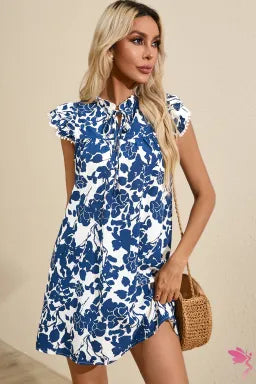 Mini Dress  .  Sail Blue Floral Ruffled Cap Sleeve Tied Neck Mini Dress