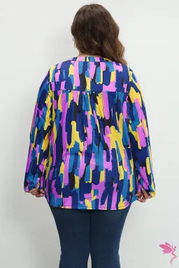 Blouse  .  Blue Plus Size Brushstroke Print 3/4 Sleeve Blouse.