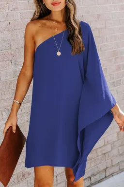 Mini Dress  .  Blue Solid Color One Shoulder Batwing Sleeve Mini Dress