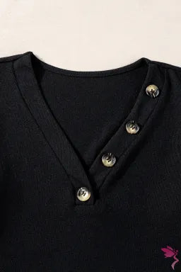 Top  .  Black Buttoned V Neck Ribbed Puff Sleeve Top.