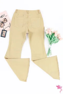 Jeans  .  Khaki Raw Edge Mid Waist Flared Jeans.