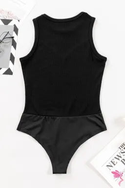 Bodysuit  .  Black Mesh Patchwork Sleeveless Bodysuit
