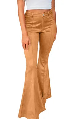 Pants  .  Brown Exposed Seam Flare Suede Pants with Pockets.