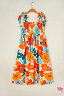 Dress  .  White Plus Size Smocked Floral Print Tied Straps Maxi Dress
