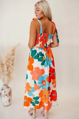 Dress  .  White Plus Size Smocked Floral Print Tied Straps Maxi Dress