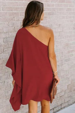 Mini Dress  .  Red Solid Color One Shoulder Batwing Sleeve Mini Dress