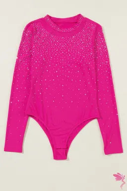 Bodysuit  .  Rose Rhinestone Mesh Long Sleeve Bodysuit.