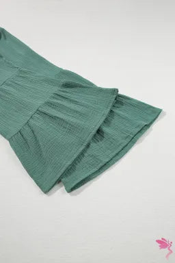 Pants  .  Green Textured High Waist Ruffled Bell Bottom Pants.