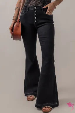 Jeans  .  Black High Waist Button Front Flare Jeans.