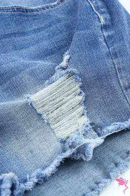 Denim Shorts  .  Sky Blue Quintuplicate Button Fly High Rise Plus Denim Shorts