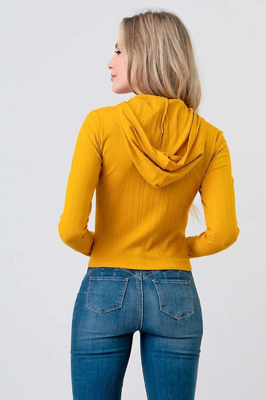 TOP  .  LONG SLEEVE RIBBED HOODIE TOP NEW MUSTARD
