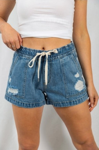 Shorts  .  Lightly distressed denim shorts