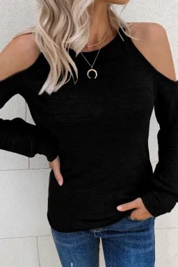 Top  .  Black Marble Knit Cold Shoulder Long Sleeve Top.