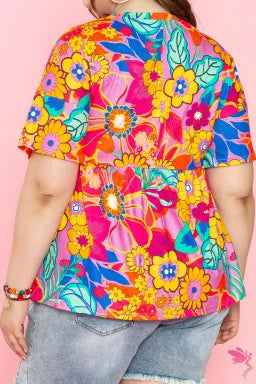 Blouse  .  Pink Floral Print Short Sleeve Plus Size Babydoll Blouse